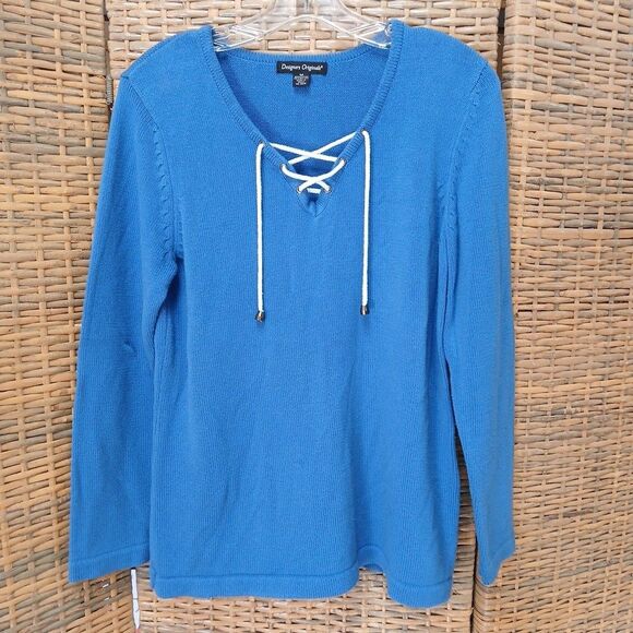 Designers Originals Sweater Medium Blue Drawstring V Neck Long Sleeve Cozy Comfy - Picture 1 of 9